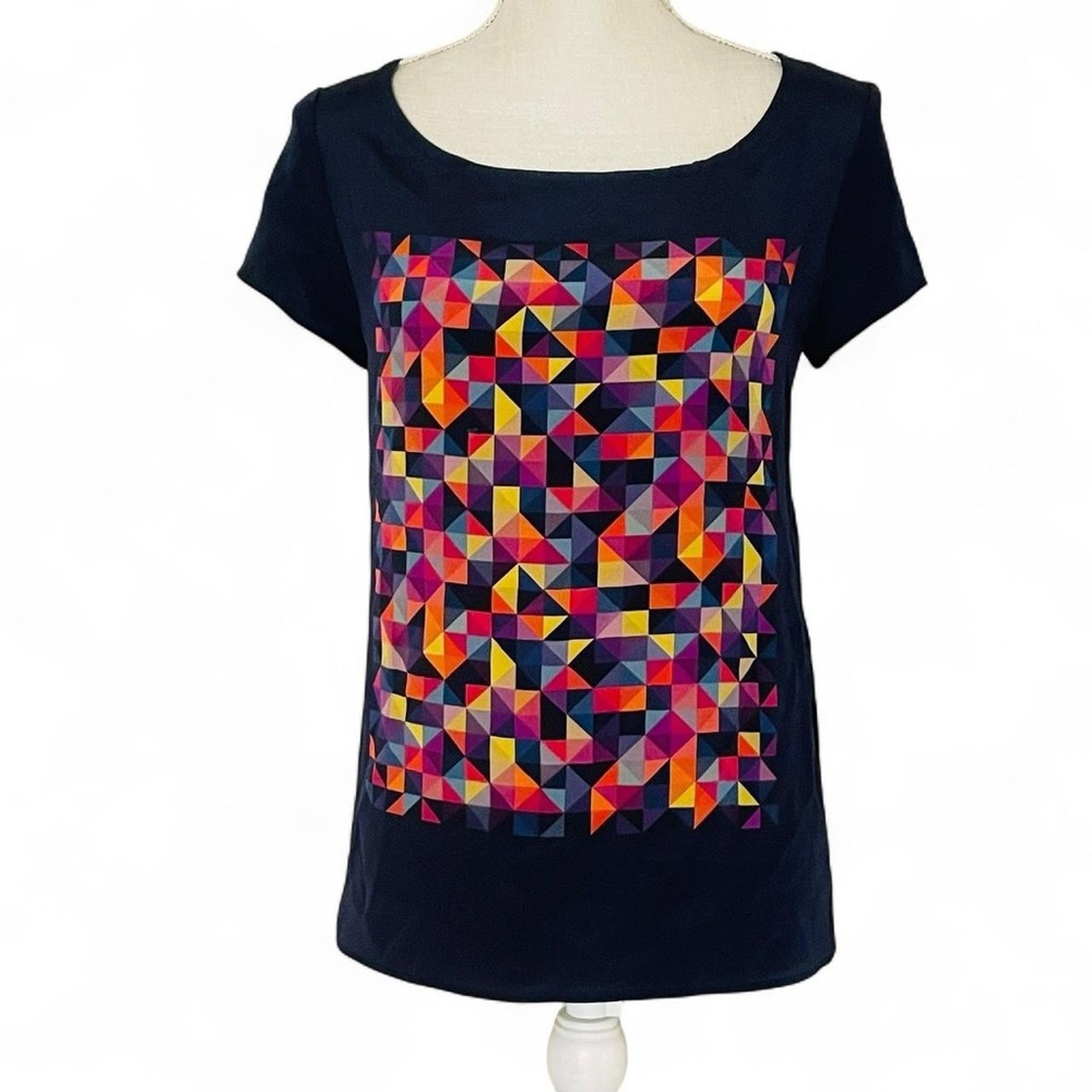 Women’s Navy Blue Silk Blouse With Multicolor Geometric Print  Design Small